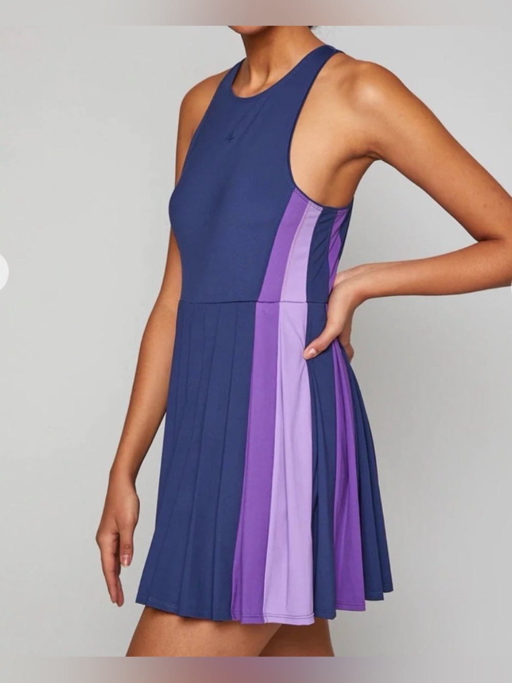FourLaps Swift Dress Blue Pleated Tennis Dress, Purple Panel, Women’s Large - Picture 2 of 16